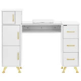 Măsuță cosmetică pentru manichiură, blat din sticlă, 3 sertare, 3 dulăpioare, 140 x 50 cm - alb și auriu 2