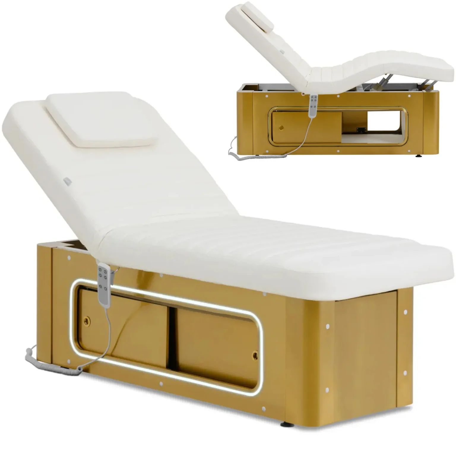 Masă de masaj și tatuaj SPA încălzită, 2 motoare, 200 kg, POTENZA - alb și auriu Masă de masaj și tatuaj SPA încălzită, 2 motoare, 200 kg, POTENZA - alb și auriu