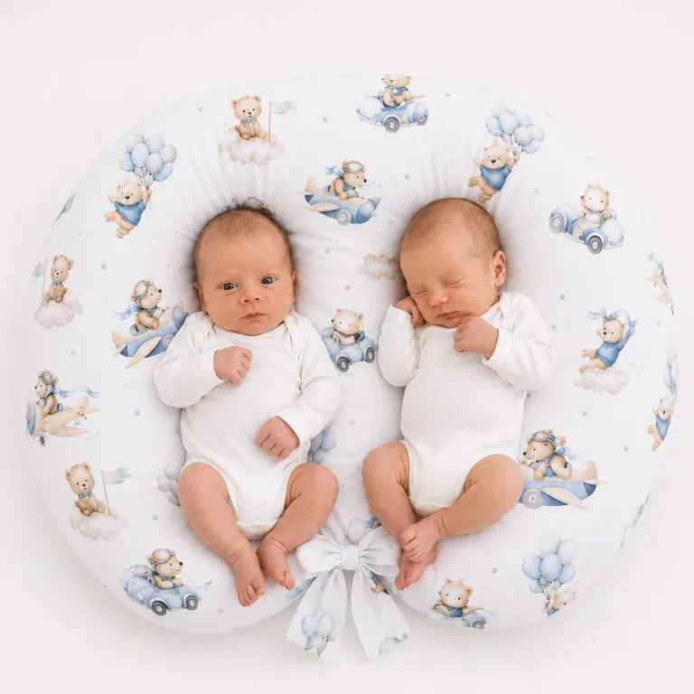 Twin nursing pillow, Breastfeeding Croissant Pillow, removable, Hands-Free Feeding- Blue Sky Bears