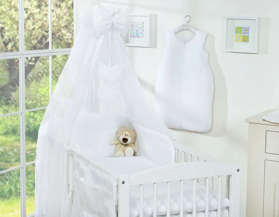 Bedding set 5-pcs 120x90 with canopy - Hanging Hearts white