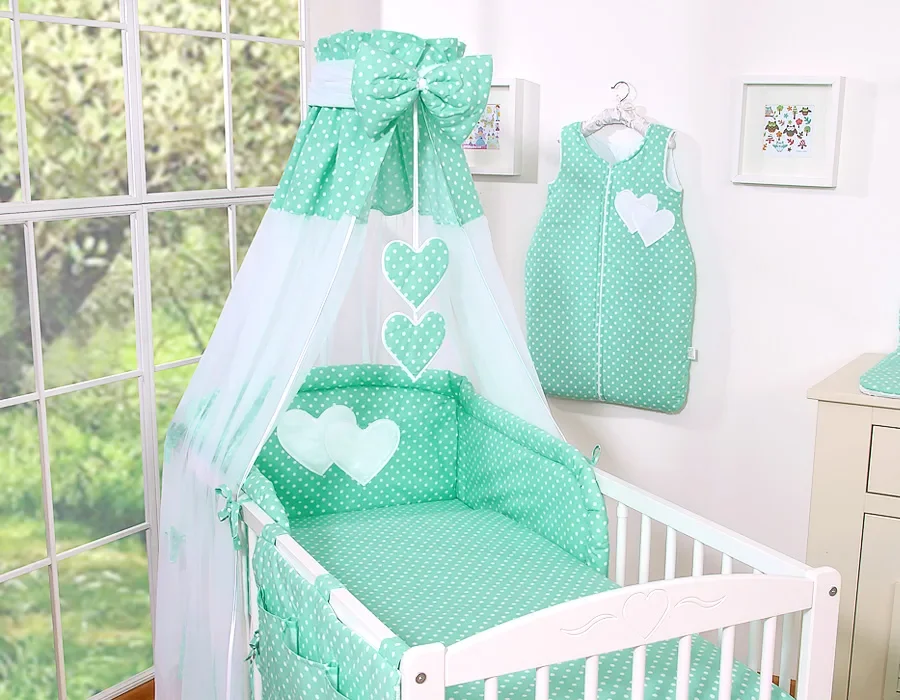 Bedding set 5-pcs 120x90 - Hanging Hearts white dots on mint