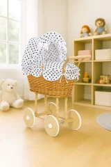 Wicker dolls' pram with white-black bedding and padding NATALIA natural 3