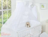 Large mosquito net for baby's bed made of chiffon with hanging hearts and a bow - white