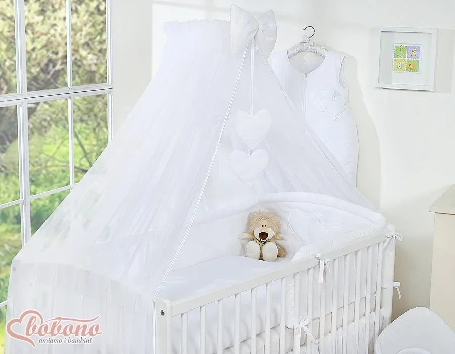 Large mosquito net for baby's bed made of chiffon with hanging hearts and a bow - white